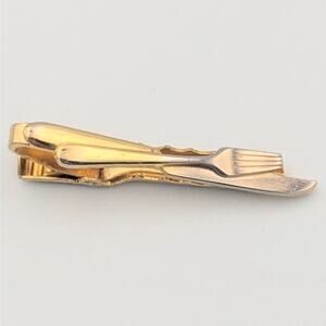 Vintage Fork & Knife Tie Clip | Mid Century Gold Tone Novelty Tie Bar Chef Gift